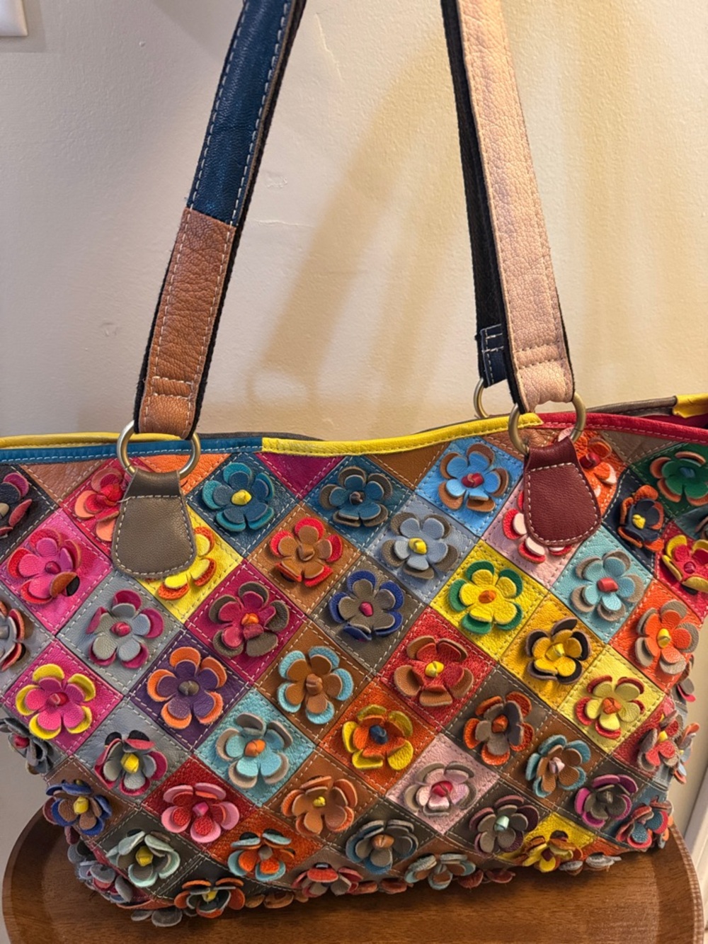 Large Multicolor Floral Patchwork Tote Bag - Unknown Brand